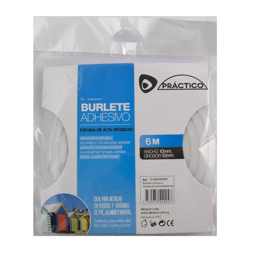 Burlete practico de espuma blanco 6mX10mmX10mm