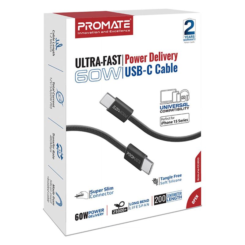 Cable-PROMATE-Ecoline-CC200-Usb-C-a-Usb-C-2M-60W-1