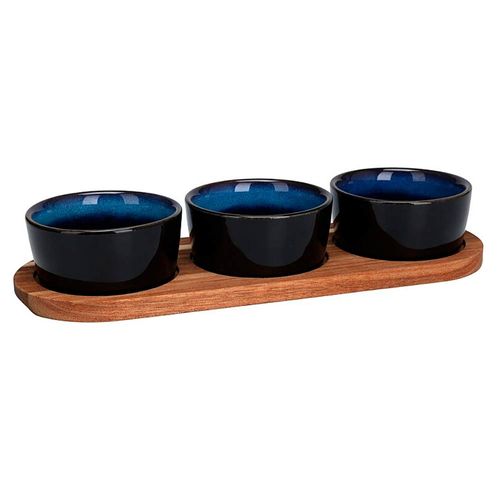 Set x 3 bowls azules con base de madera