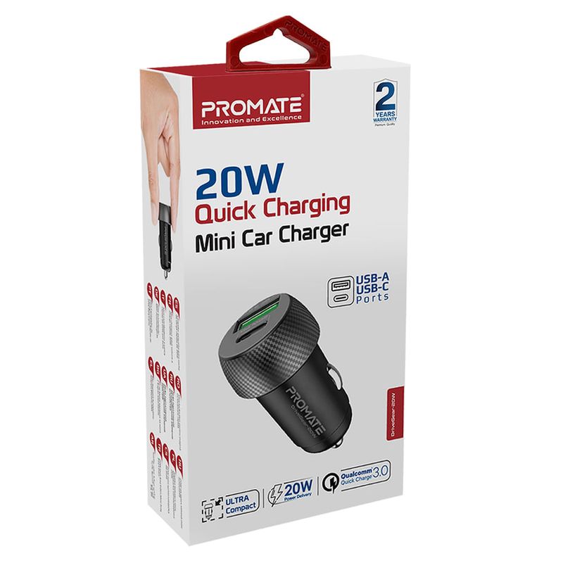 Cargador-de-auto-PROMATE-Drivegear-20w-usb-usb-c-negro-0