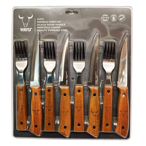 Set x8 Cuchillos y Tenedores Acero Inoxidable Mango Madera