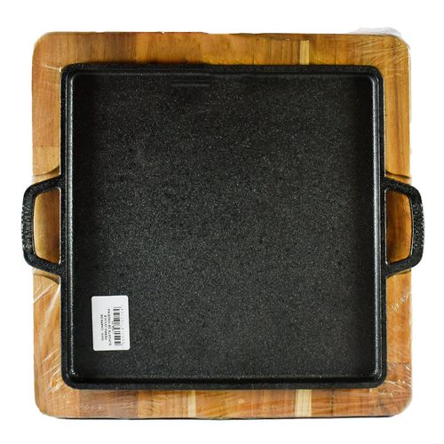 Plancha recta con asa hierro base madera 24x24 cm