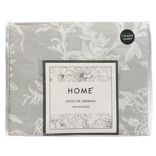 Juego de Sábanas HOME Queen 180 hilos azul con hojas 100% algodón
