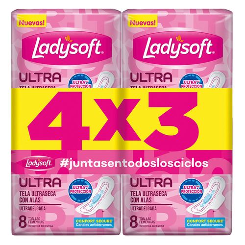 Pack 4x3 toalla femenina Ladysoft ultradelgada seca 8 un.