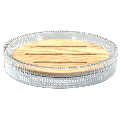 Jabonera en vidrío con detalle en madera