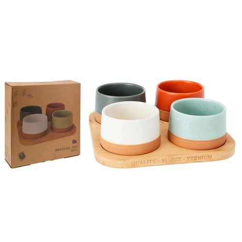 Set x 4 Salseras Cerámica con Bandeja Bambú