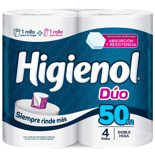 Papel higiénico HIGIENOL doble Hoja duo 50 m x 4 un.