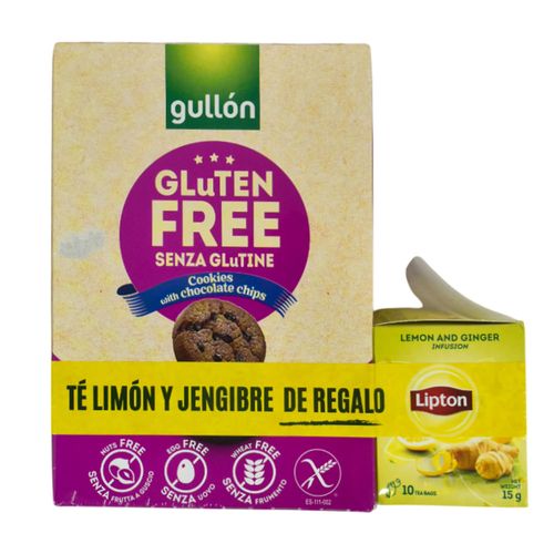 Galletitas GULLON sin gluten con chips 200 g + Te LIPTON 10 sobres