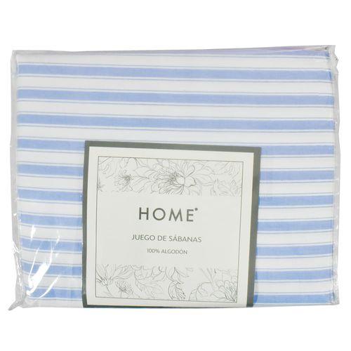 Juego sábanas HOME queen 180 h rayado azul 100% algodón