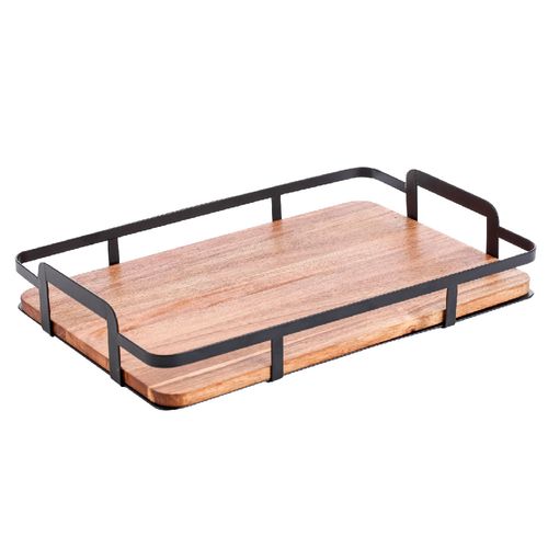 Bandeja rectangular en acero y madera 35,5 x 23,5 x 6 cm