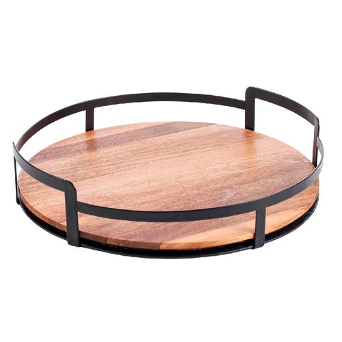 Bandeja redonda en acero y madera 28,5 x 28,5 x 6 cm