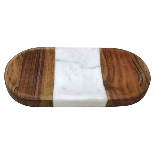 Bandeja oval de madera en acacia con mármol blanco