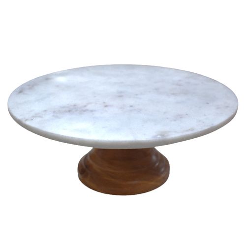 Plato blanco de mármol con pie en madera