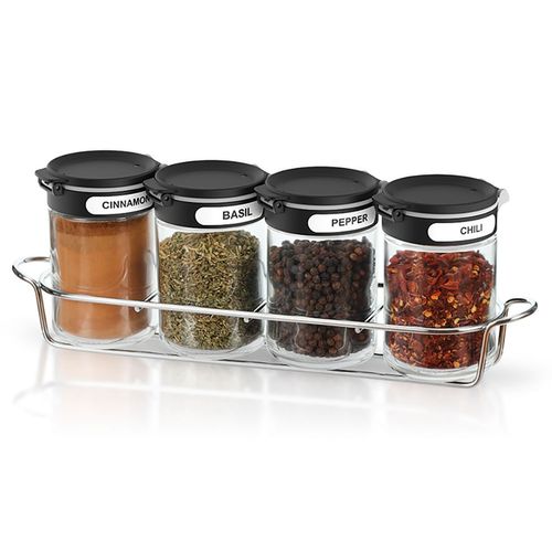 Set x 4 especieros con tapa negra y soporte 200 ml