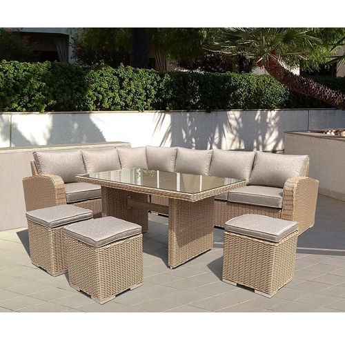 Juego de jardín esquinero con 3 puffs y mesa alta