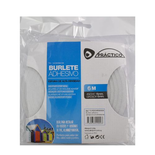 Burlete practico de espuma blanco 6mX15mmX6mm