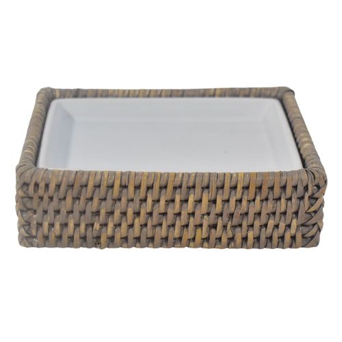 Jabonera rectangular en cerámica y rattán 15 x 11 x 4 cm