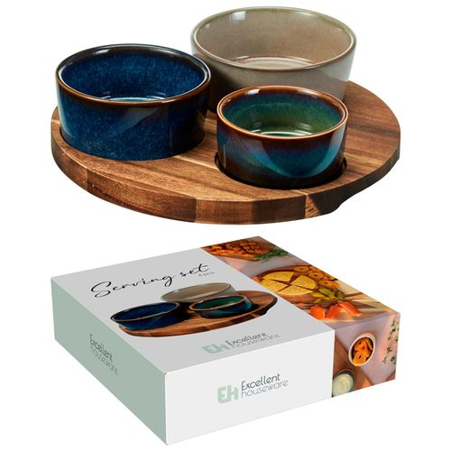 Set Servicio 4 Piezas Cerámica y Madera Acacia Redonda
